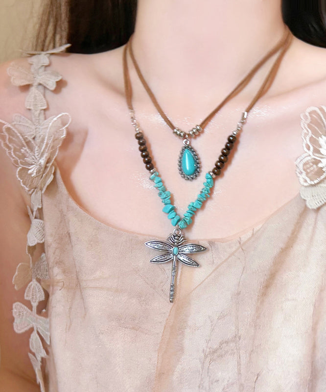 Handmade Brown Alloy Turquoise Dragonfly Beading Double-Layer Sweater Pendant Necklace