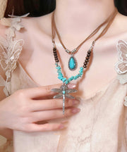 Handmade Brown Alloy Turquoise Dragonfly Beading Double-Layer Sweater Pendant Necklace