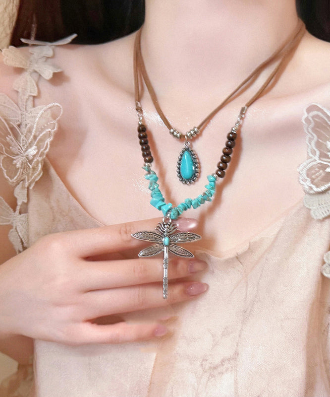 Handmade Brown Alloy Turquoise Dragonfly Beading Double-Layer Sweater Pendant Necklace