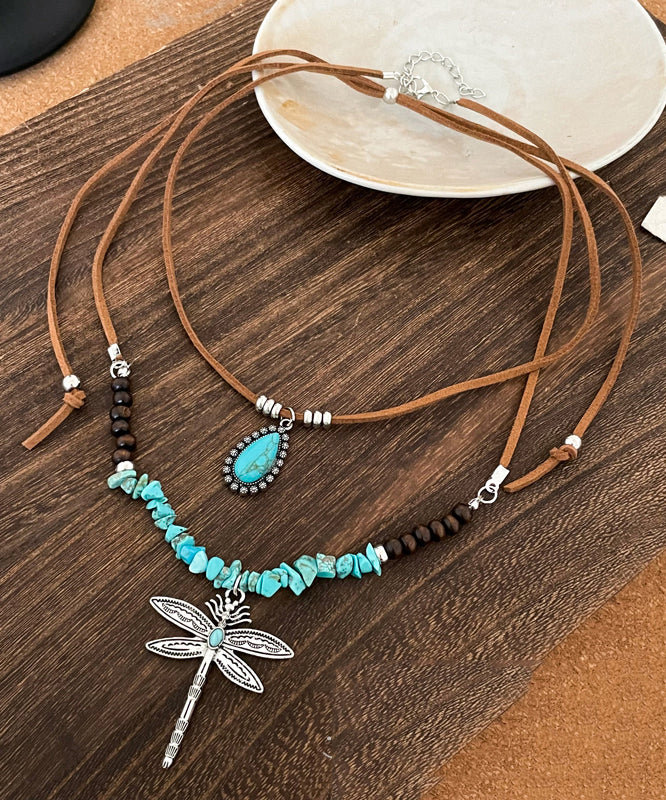 Handmade Brown Alloy Turquoise Dragonfly Beading Double-Layer Sweater Pendant Necklace