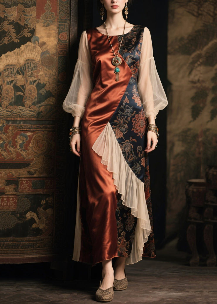 Handmade Brown Asymmetrical Patchwork Silk Holiday Dress Lantern Sleeve