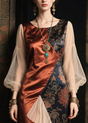 Handmade Brown Asymmetrical Patchwork Silk Holiday Dress Lantern Sleeve