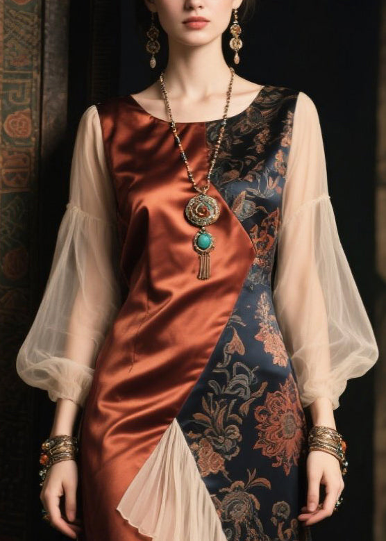 Handmade Brown Asymmetrical Patchwork Silk Holiday Dress Lantern Sleeve