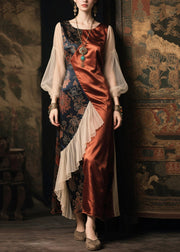 Handmade Brown Asymmetrical Patchwork Silk Holiday Dress Lantern Sleeve