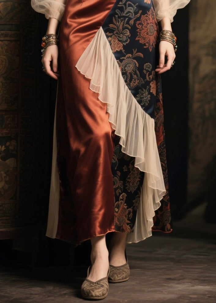 Handmade Brown Asymmetrical Patchwork Silk Holiday Dress Lantern Sleeve
