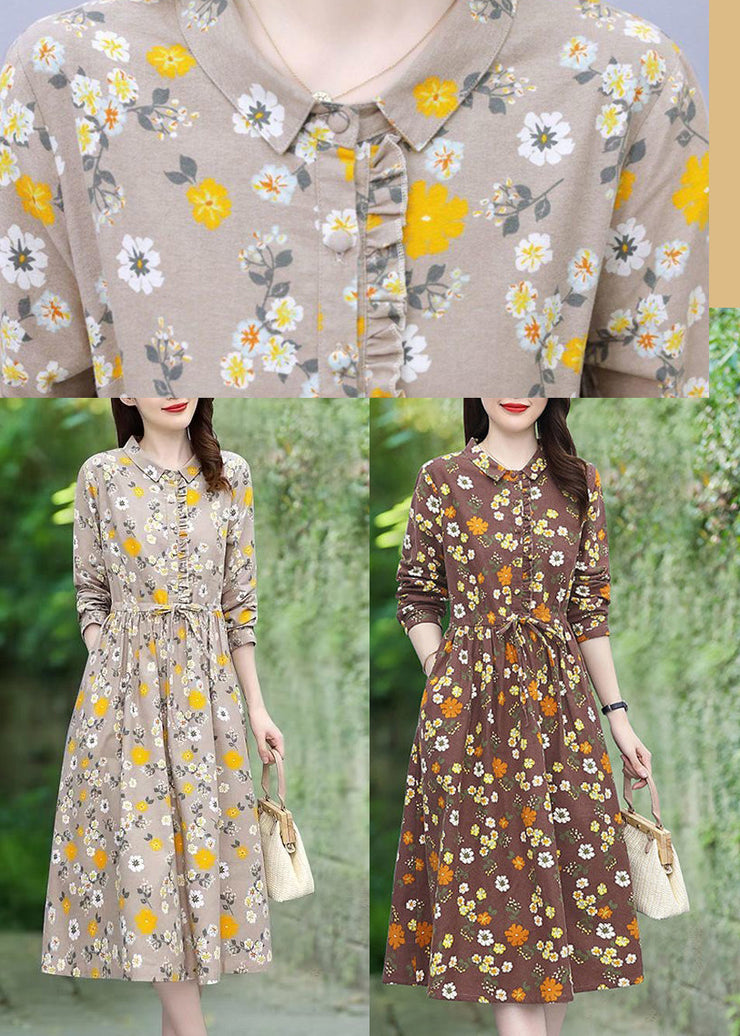 Handmade Brown Cinched Floral Cotton Vacation Dresses Spring
