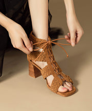 Handmade Brown Lace Up Splicing Chunky Sandals Boots Hollow Out