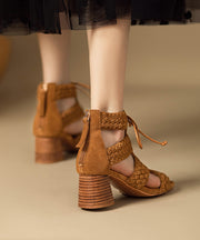 Handmade Brown Lace Up Splicing Chunky Sandals Boots Hollow Out