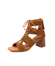 Handmade Brown Lace Up Splicing Chunky Sandals Boots Hollow Out