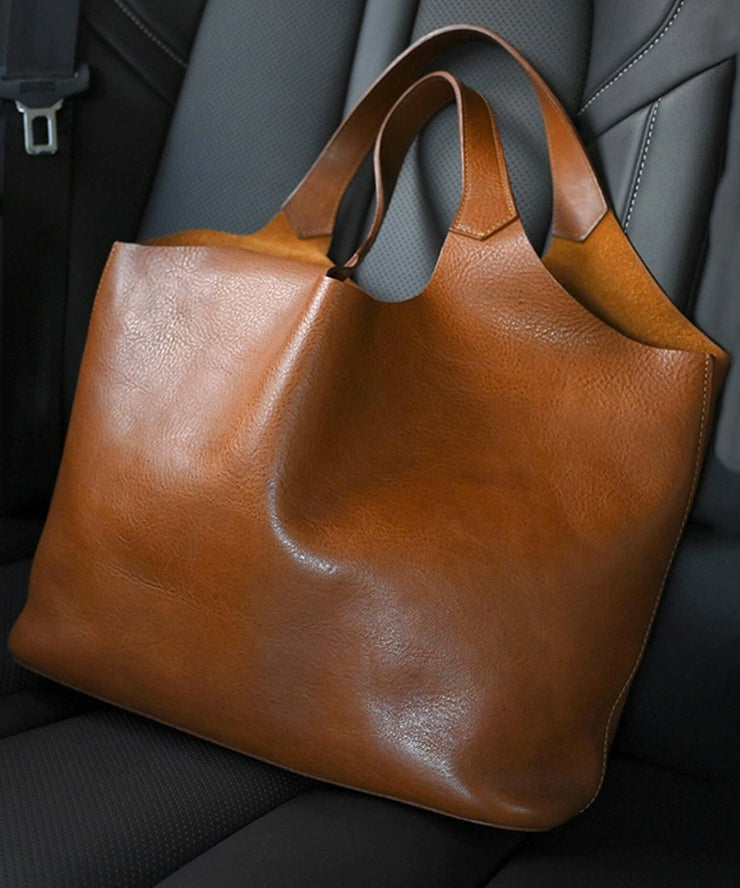 Handmade Brown Large Capacity Calf Leather Shoulder Bag