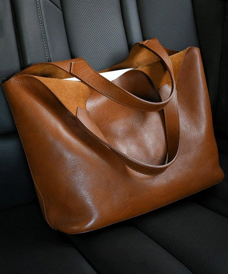 Handmade Brown Large Capacity Calf Leather Shoulder Bag