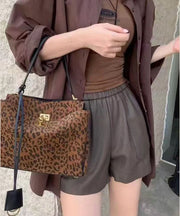 Handmade Brown Leopard Large Capacity Suede Shoulder Bags