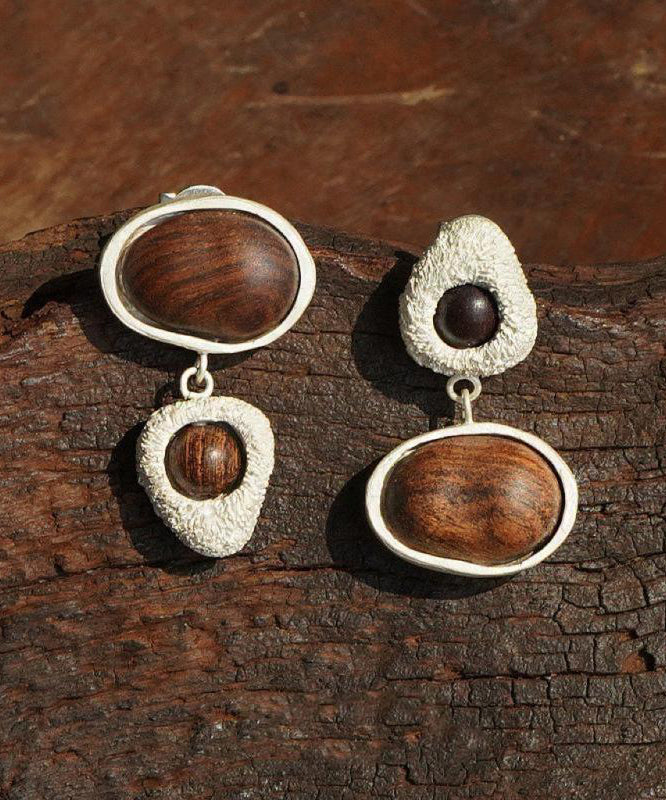 Handmade Brown Sanding Sandalwood Asymmetrical Drop Earrings
