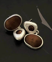 Handmade Brown Sanding Sandalwood Asymmetrical Drop Earrings