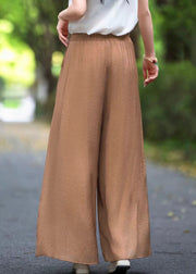 Handmade Brown Solid Elastic Waist Pockets Silk Pants Summer
