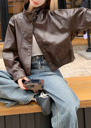 Handmade Brown Stand Collar Oversized Faux Leather Coats Spring