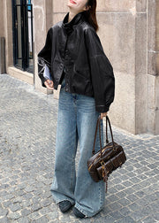 Handmade Brown Stand Collar Oversized Faux Leather Coats Spring