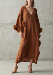 Handmade Brown V Neck Fuzzy Fur Patchwork Cotton Long Dress Fall