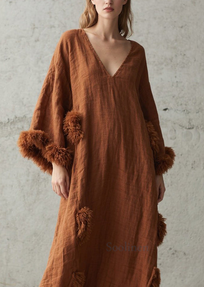 Handmade Brown V Neck Fuzzy Fur Patchwork Cotton Long Dress Fall