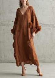 Handmade Brown V Neck Fuzzy Fur Patchwork Cotton Long Dress Fall