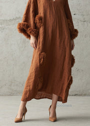 Handmade Brown V Neck Fuzzy Fur Patchwork Cotton Long Dress Fall