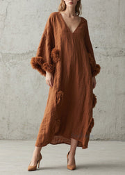 Handmade Brown V Neck Fuzzy Fur Patchwork Cotton Long Dress Fall