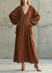 Handmade Brown V Neck Patchwork Faux Fur Maxi Dresses Fall