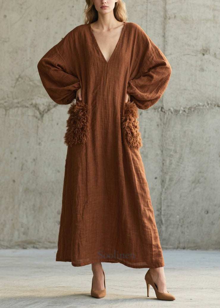Handmade Brown V Neck Patchwork Faux Fur Maxi Dresses Fall