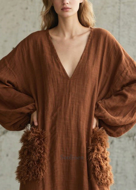 Handmade Brown V Neck Patchwork Faux Fur Maxi Dresses Fall