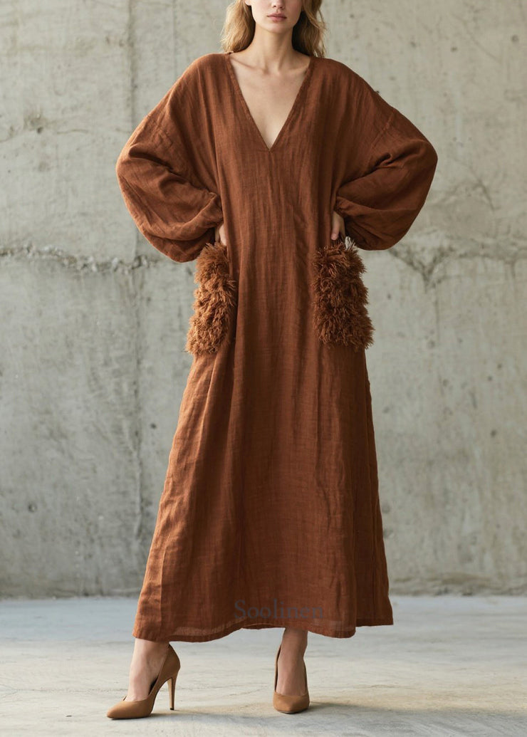 Handmade Brown V Neck Patchwork Faux Fur Maxi Dresses Fall