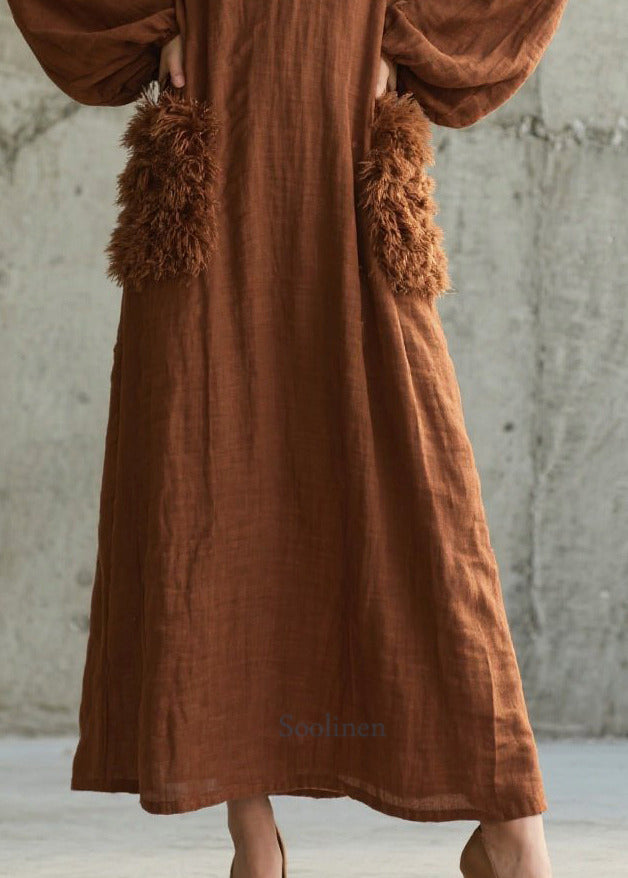 Handmade Brown V Neck Patchwork Faux Fur Maxi Dresses Fall