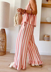 Handmade Camel O-Neck Striped Top And Wide Leg Pants Two Pieces Set Summer