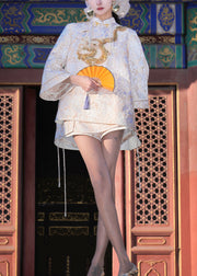 Handmade Chinese Button Embroidered Two Pieces Set Coat And Shorts Flare Sleeve
