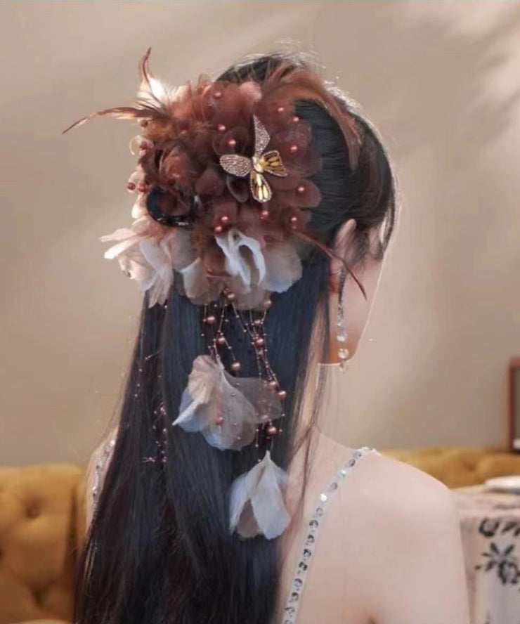 Handmade Coffee Alloy Butterfly Zircon Feather Pearl Tassel Hairpin