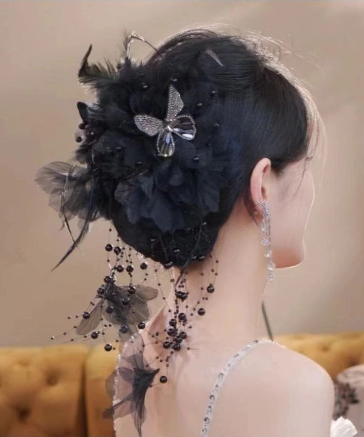 Handmade Coffee Alloy Butterfly Zircon Feather Pearl Tassel Hairpin
