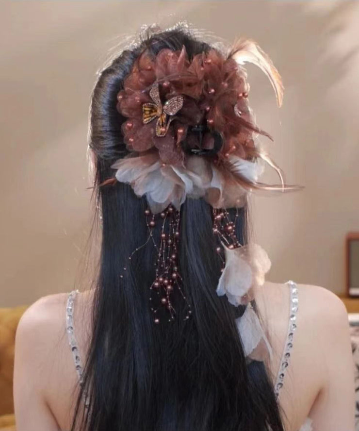 Handmade Coffee Alloy Butterfly Zircon Feather Pearl Tassel Hairpin