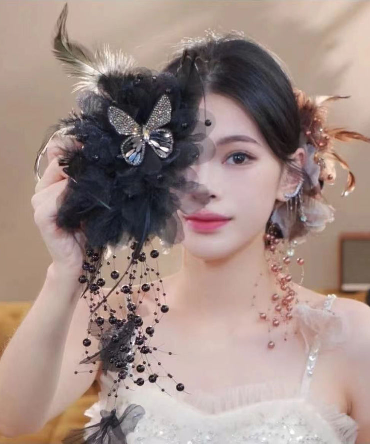 Handmade Coffee Alloy Butterfly Zircon Feather Pearl Tassel Hairpin