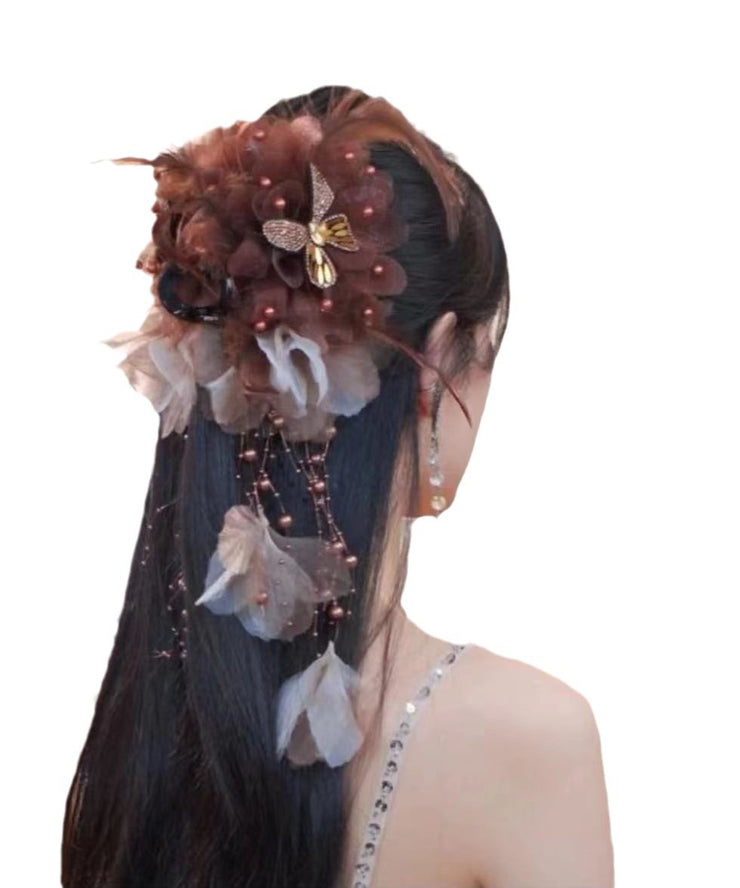 Handmade Coffee Alloy Butterfly Zircon Feather Pearl Tassel Hairpin