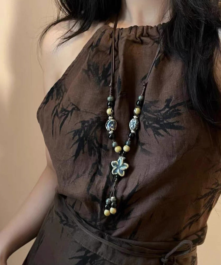 Handmade Coffee Alloy Wax Rope Ceramic Pendant Necklace