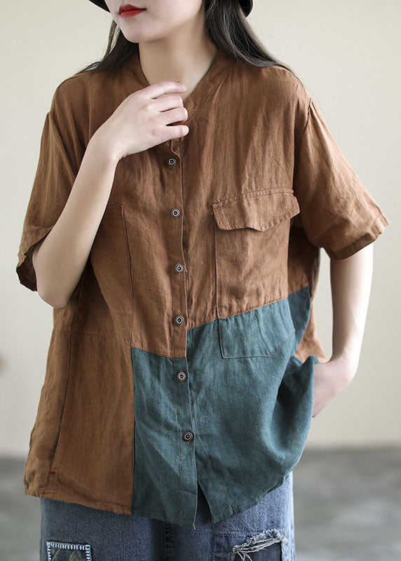 Handmade Chocolate Green Asymmetrical Patchwork Linen Shirt Tops Short Sleeve