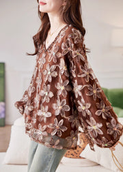 Handmade Coffee Nail Bead Sequins Floral Chiffon Shirt Spring