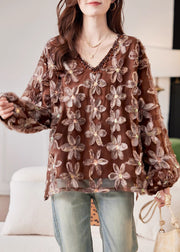 Handmade Coffee Nail Bead Sequins Floral Chiffon Shirt Spring