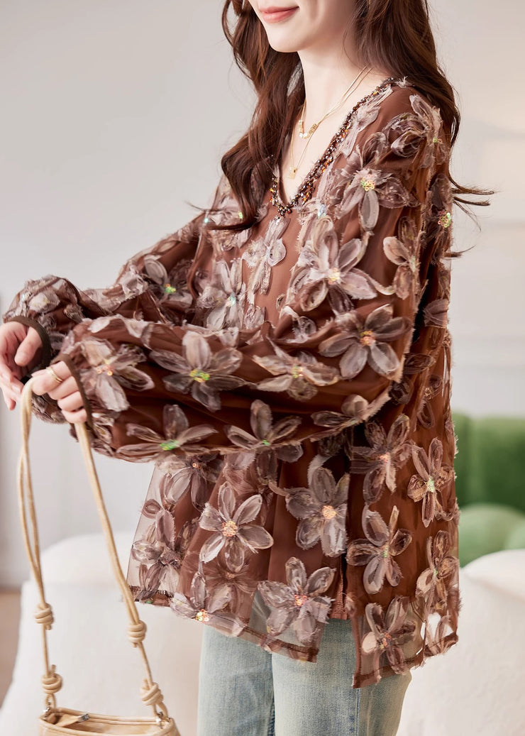 Handmade Coffee Nail Bead Sequins Floral Chiffon Shirt Spring