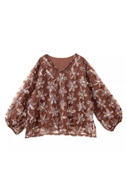 Handmade Coffee Nail Bead Sequins Floral Chiffon Shirt Spring