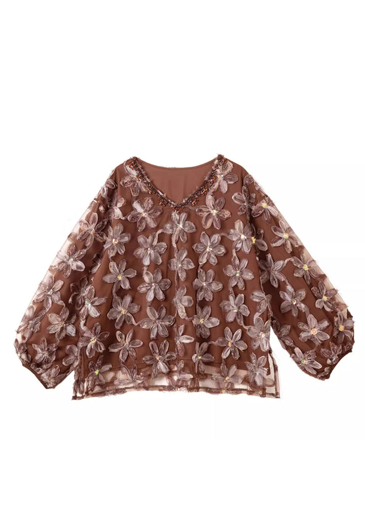 Handmade Coffee Nail Bead Sequins Floral Chiffon Shirt Spring