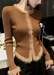 Handmade Coffee O Neck Fur Patchwork Knit Short Sweater Fall