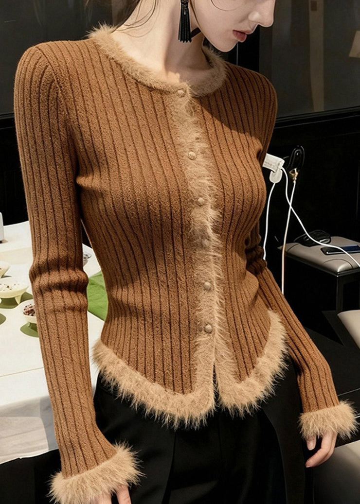Handmade Coffee O Neck Fur Patchwork Knit Short Sweater Fall