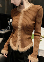 Handmade Coffee O Neck Fur Patchwork Knit Short Sweater Fall