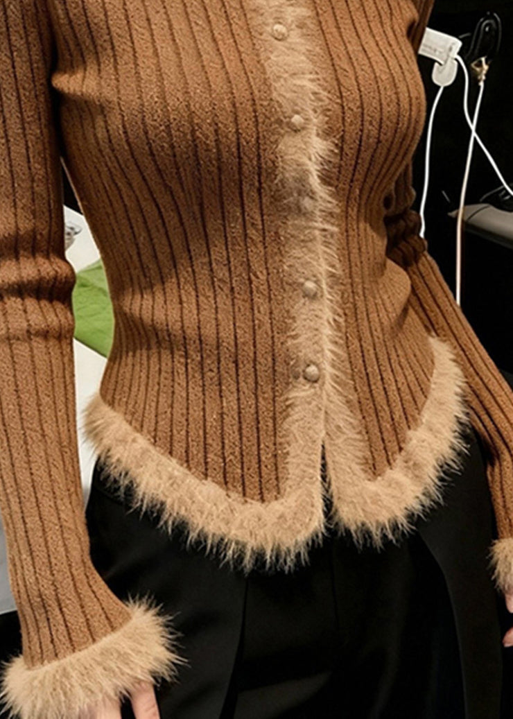 Handmade Coffee O Neck Fur Patchwork Knit Short Sweater Fall
