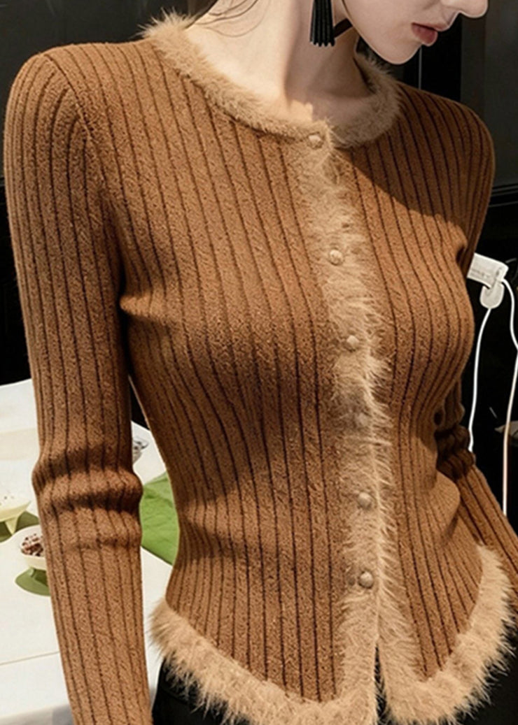 Handmade Coffee O Neck Fur Patchwork Knit Short Sweater Fall